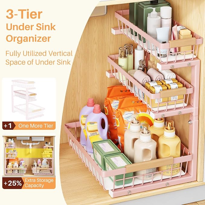 PXRACK Under Sink Organizer, 2-Pack 3-Tier Height Adjustable Thickened Metal Pull out Cabinet Organizer Shelf, Slide out Storage Drawer Rack for Bathroom Kitchen Pantry Home Organization, Pink - Image 3