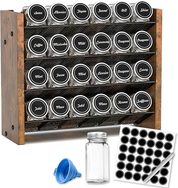 Spice Rack Organizer with 24 Glass Jars, for Cabinet Wall Mount Countertop | 4-Tier Seasoning Organizer with Labels, Chalk Marker & Funnel for Pantry, Kitchen Storage, Wood,12.2 in W x 9.4 in H by NESAPTO