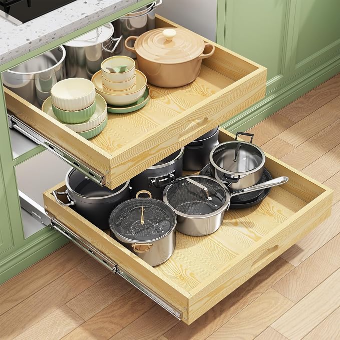 Pull Out Cabinet Organizer, Soft Close Wooden Slide Out Drawers for Pots and Pans, Full-extension Roll Out Shelves for Kitchen Cabinets, Pantry Organization, Bottom & Side Mount(21"W X 21"D x 3.4''H) by Kitstorack