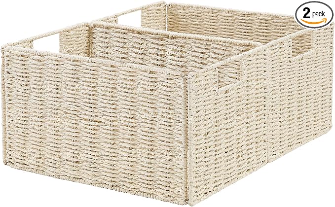 Wicker Storage Basket, Set of 2 Hand-Woven Paper Rope Wicker Basket, Small Storage Baskets for Organizing Toilet Paper Basket, Foldable Large Cube Storage Organizer Bins for Shelves (Beige) by Vagusicc