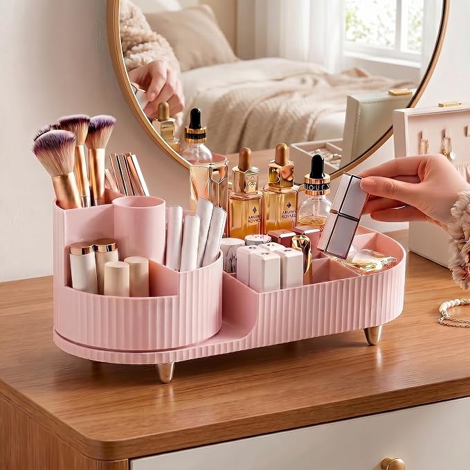 Booklov Rotating Makeup Organizer for Vanity Countertop, Pink | Plastic Cosmetic Display Case, Large Beauty Brush Holder for Bathroom Counter, Skin Care Perfumes Storage - Image 4