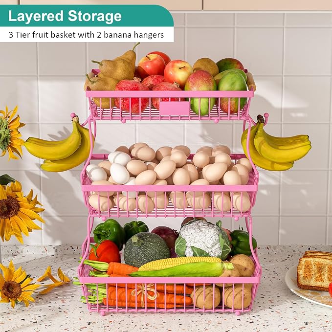 3 Tier Fruit Basket for Kitchen Counter with 2 Banana Hangers, Countertop Metal Fruit Bowl with Wooden Handle, Large Storage Stand for Vegetables, Snacks, Breads, Produce Storage – Rose Pink - Image 2