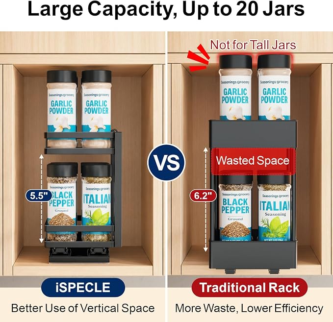 2 Tier Pull Out Spice Rack - for Inside Cabinet with Front Lips | Peel-and-Stick No Drilling Setup, Smooth Slide Access for 1-8 Oz Spice Jars, Cabinet Storage, Daily Cooking Use, Daily - Image 4