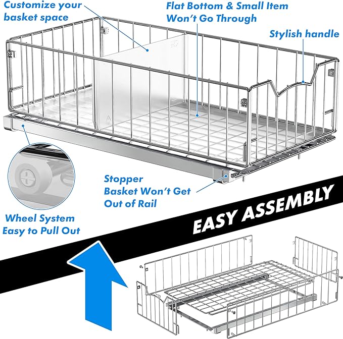 Simple Houseware Pull-Out Cabinet Sliding Basket, 17.2Dx9.7Wx5H, Chrome | Ideal for Kitchen and Bathroom Cabinet Storage Organizer, Under Sink or Pantry Organization - Image 4