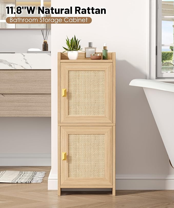 Akxomel Rattan Small Bathroom Cabinet Narrow Toilet Paper Organizer Oak | 7.9''D x 11.8''W Bathroom Organizer and Storage Cabinet for Small Space, Slim Corner Unit with Adjustable Shelf - Image 4