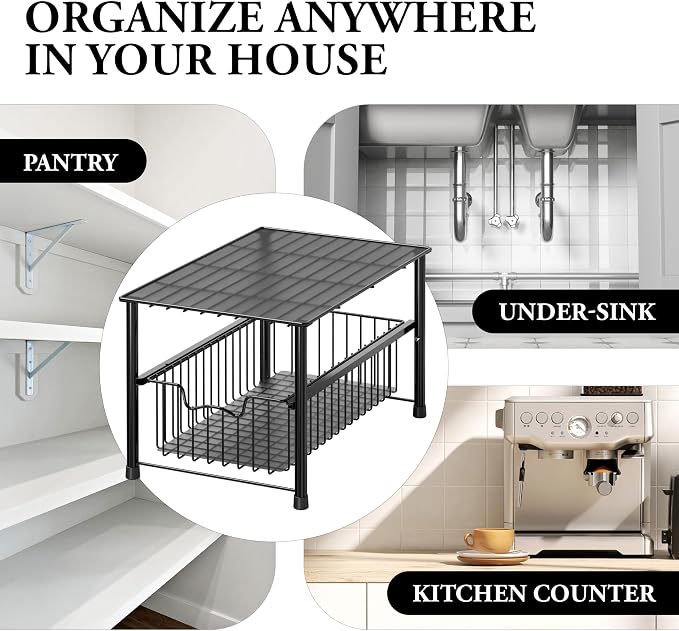 Simple Houseware Wired Stackable Under Sink Cabinet Sliding Basket, Black | Free Standing Organizer Drawer, Kitchen/Pantry/Cabinet/Counter - Image 8
