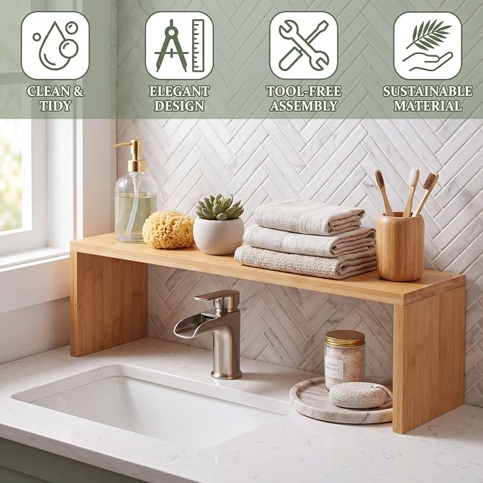 Bamboo Over the Sink Shelf Bathroom Shelf Organizer Over the Faucet Wood Pedestal Soap Stand Farmhouse Bathroom Decor Over the Sink Shelves (23.62 x 7.87 x 5.91 Inches,Bamboo Color) - Image 6