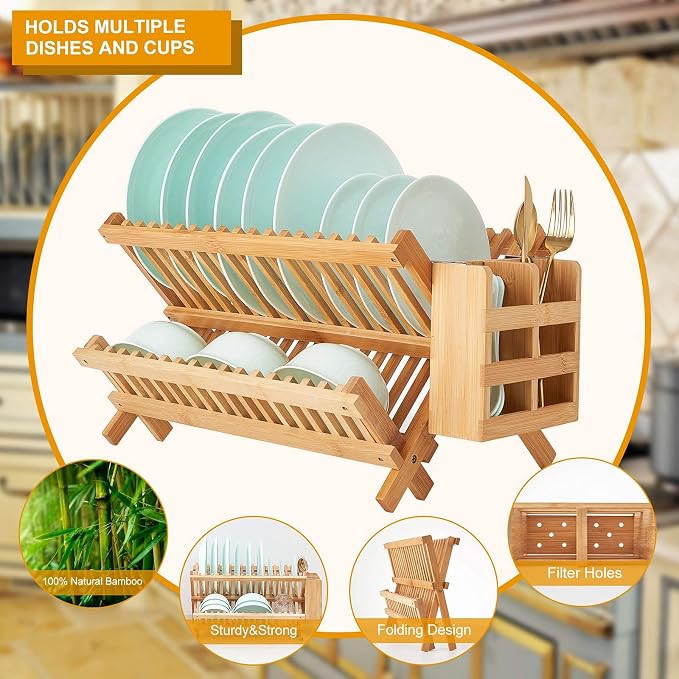 Bamboo Dish Drying Rack, 2 Tier Collapsible Dish Rack with Utensil Holder, Wooden Dish Drying Rack for Kitchen Counter, Large Folding Drying Holder, Dish Drainer 34 pcs Grid | Wooden Dish Drying Rack with Utensil Holder for Kitchen Counter, Large Foldi... - Image 7