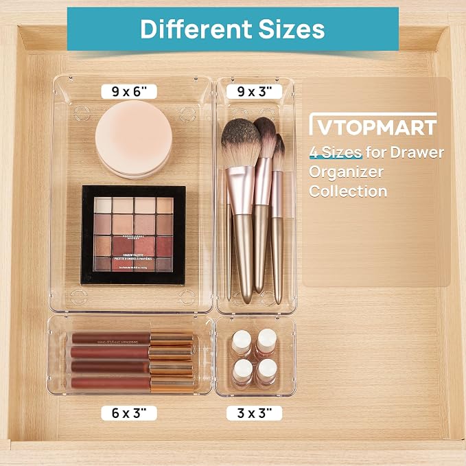 Vtopmart 10 Pack Clear Drawer Organizer Bins, 4 Sizes Makeup Storage Trays | Makeup & Vanity Storage Organizers for Drawers, Bathroom, Office and Daily Essentials, Clear Acrylic Bins Keep Items Sorted - Image 4