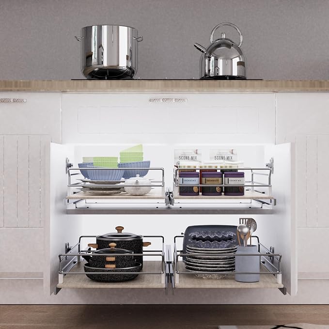 Pull Out Cabinet Organizer 17.45" W X 22" D, Wood & Chromed | Full Slide Out Drawers For Kitchen Cabinets, Cabinets Capacity Heavy Duty Caddy, Cabinet Pullout Shelves , Pantry Storage - Image 4