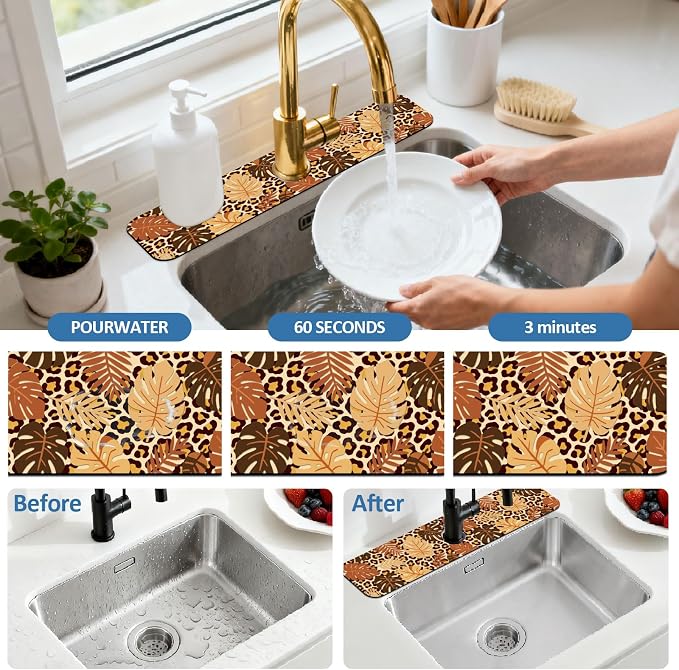2 Pcs Kitchen Sink Splash Guard Faucet Mat Leopard Print Leaves Faucet Mat for Sinks Leaves Pattern Absorbing Drying Mats for Kitchen Bathroom, 23.6x5.5inch - Image 5