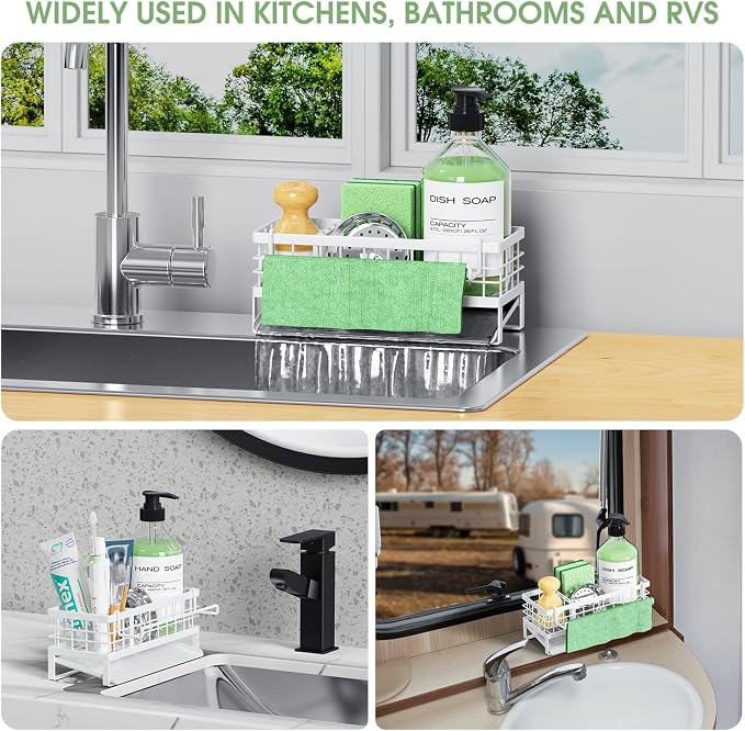 Kitchen Sink Caddy, Rustproof Self-Draining Sponge Holder, White | Metal Kitchen Caddy Sink Organizer, Detachable Dish Cloth Holder, Non-Slip Base, Kitchen Countertop Storage Accessories - Image 8