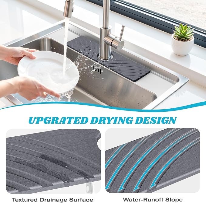 SpaceHacks Stone Faucet Mat for Kitchen Sink 15.7x4 in, Dark Gray | Fast Drying Diatomite Stone Drying Mat, Water Splash Guard, Textured Drainage Sink Protector, Suits Bathroom&Kitchen Counter - Image 3