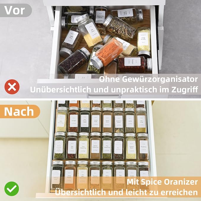 Spice Drawer Organzier,4 Tiers Bamboo Spice Rack Tray Insert for Cabinet Drawer Countertop, Kitchen Seasoning Storage Drawer Organization,14.57" Wide x 15.8" Deep （Hold UP To 32 Jars - Image 4