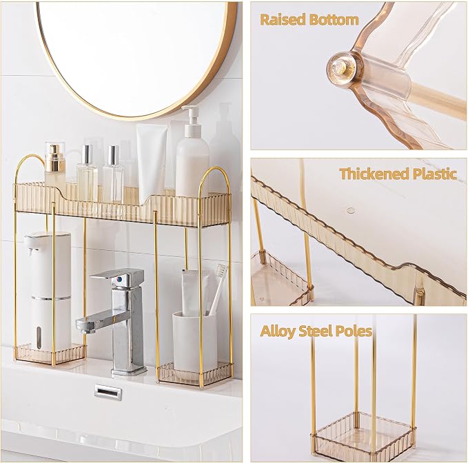 YCIA&DONE Bathroom Countertop Organizer Over The Faucet, Narrow Counter Organizers Above Sink, Table Mounted Faucet Sink Shelf for Kitchen, Toilet, Laundry(Amber Gold) - Image 3