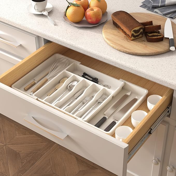 Lifewit Extra Large Silverware Drawer Organizer, Expandable Utensil Tray | BPA Free Flatware Cutlery Holder for Kitchen, Adjustable Plastic Storage for Spoons Forks Knives, 13-22 x15, White - Image 7