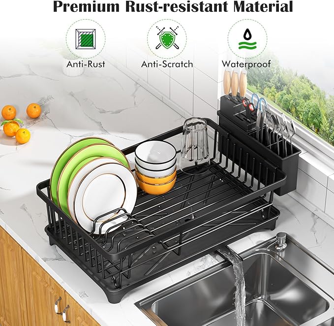 Kmiectse Dish Drying Rack for Small Kitchen Counter with Utensil Holder | Space Saving, Rust Resistant, Quick Drainage Dish Rack, Compact Dish Drainer Organizer for Home Kitchen, Black - Image 4