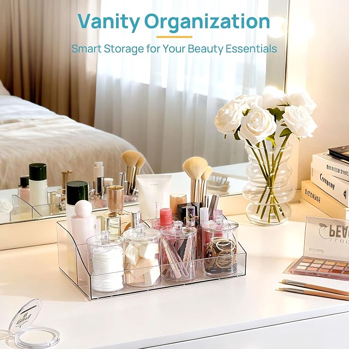 Vtopmart 6 PCS Bathroom Countertop Organizer Sets | 1 Divided Tray, 4 Qtip Holder Jars, 1 Drawers, Clear Organizers, For Toothbrush, Cotton Pads, Vanity Accessories - Image 7