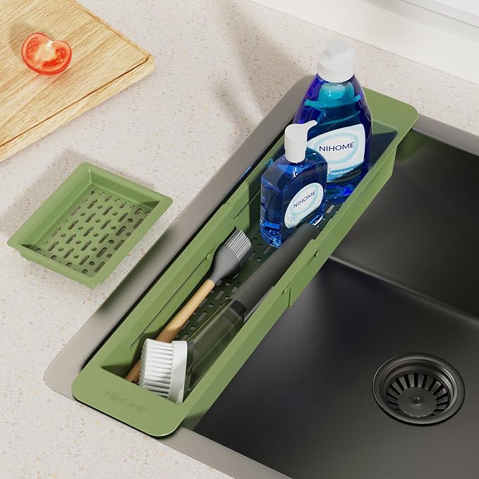NiHome Extendable Sink Caddy, Small Telescopic Kitchen Brush Holder | Adjustable Sink Organizer for Brush/Sponge with Fast Drainage, Durable ABS, Non-Slip Pads, Expandable Brushes Holder (Green) - Image 2
