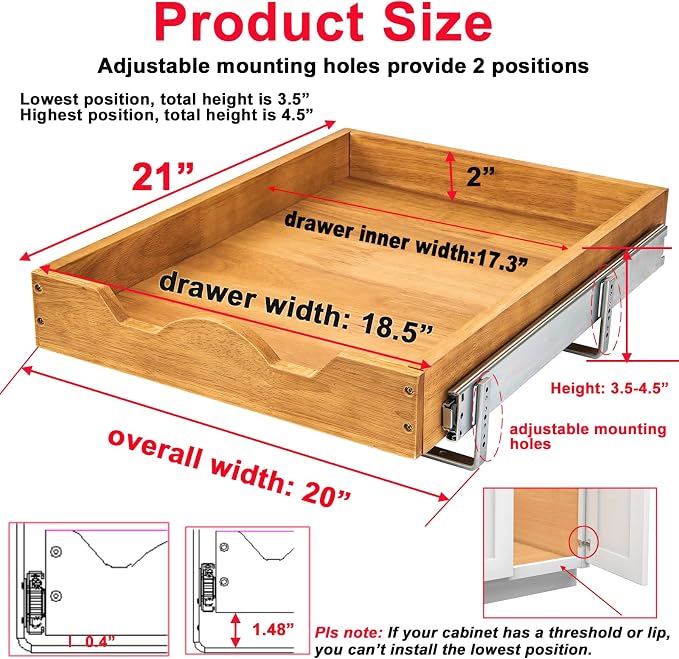 DINDON 1 Tier Pull Out Cabinet Organizer (20" W x 21" D) Single Tier Heavy Duty Slide Out Wood Drawer Under Sink Shelf Organization Storage - Image 2