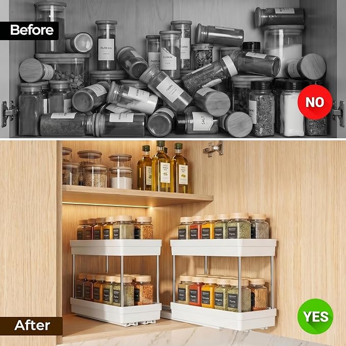 Pull Out Spice Rack, 2 Pack 2-Tier Cabinet Organizer, White | Kitchen Pantry Slide Out Seasoning, Fits Cabinets 12"H x 11"D x 5"W - Image 7