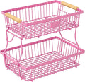 2 Tier Fruit Basket for Kitchen Counter with 2 Banana Hangers, Countertop Metal Fruit Bowl with Wooden Handle, Large Storage Stand for Vegetables, Snacks, Breads, Produce Storage – Rose Pink by Unknown