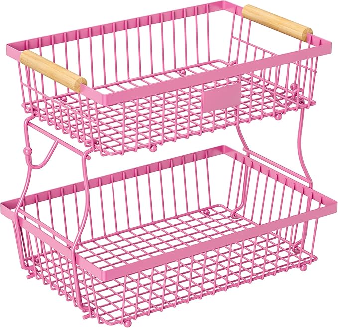 2 Tier Fruit Basket for Kitchen Counter with 2 Banana Hangers, Countertop Metal Fruit Bowl with Wooden Handle, Large Storage Stand for Vegetables, Snacks, Breads, Produce Storage – Rose Pink by Unknown