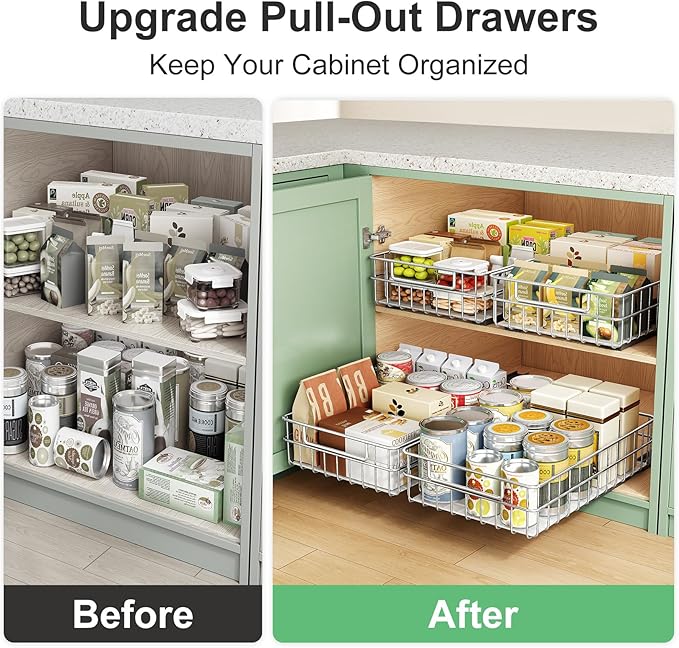 Pull out Cabinet Organizer, Stainless Steel 4-Pack Slide out Drawer with Silent Full-Extension Slides, Adhesive Roll out Can Spice Storage Basket Shelf Rack for Pantry, Kitchen, Bathroom, Home Closet - Image 9