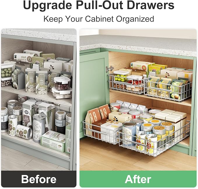 Pull out Cabinet Organizer, Stainless Steel 2-Pack Slide out Drawer with Silent Full-Extension Slides, Adhesive Roll out Can Spice Storage Basket Shelf Rack for Pantry, Kitchen, Bathroom, Home Closet - Image 9