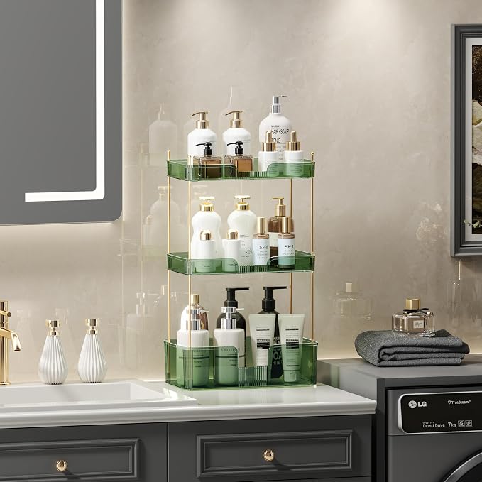 Akinbas 3 Tier Bathroom Organizer Countertop Makeup Perfume Tray Skincare Organizer for Bathroom Dresser Vanity (Green) - Image 2