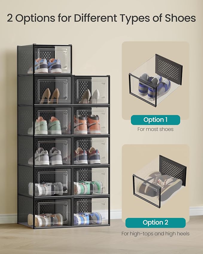 SONGMICS Shoe Boxes, Pack of 18 Shoe Storage Organizers, Stackable Clear Plastic Boxes for Closet, Sneakers, 13.7 x 9.9 x 7.4 Inches, Transparent and Black ULSP007B18 - Image 4