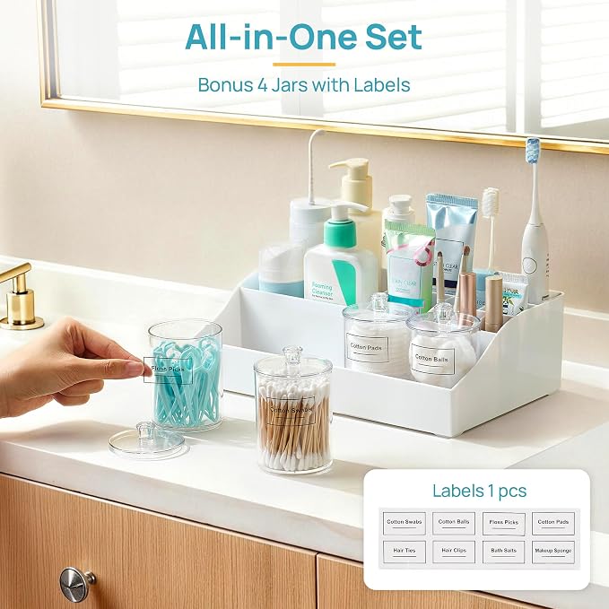 Vtopmart 5 PCS Bathroom Countertop Organizer Sets, White | 1 Divided Tray with 4 Qtip Holder Jars, For Toothbrush, Cotton Pads Balls, Floss, For Bathroom Countertop - Image 4