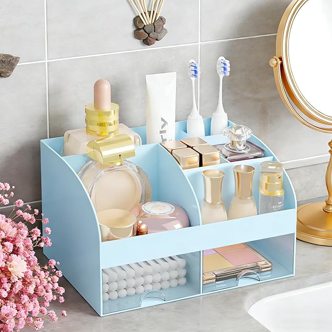 Makeup Organizer with 2 Drawers, Cosmetic Storage for Dresser Vanity and Bathroom Countertop,Make up organization and Skincare Storage with Beauty Brush Holder, Cosmetic Display Case (Blue) - Image 6