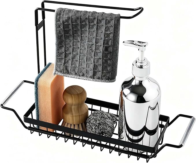 Over the Kitchen Sink Caddy Expandable (14.17-17.32 in) | Stainless Steel Anti-Slip Rustproof Sink Organizer Rack, Hanging Drying Holder for Sponges, Soap, Brushes, Dishcloths and Rag by romise