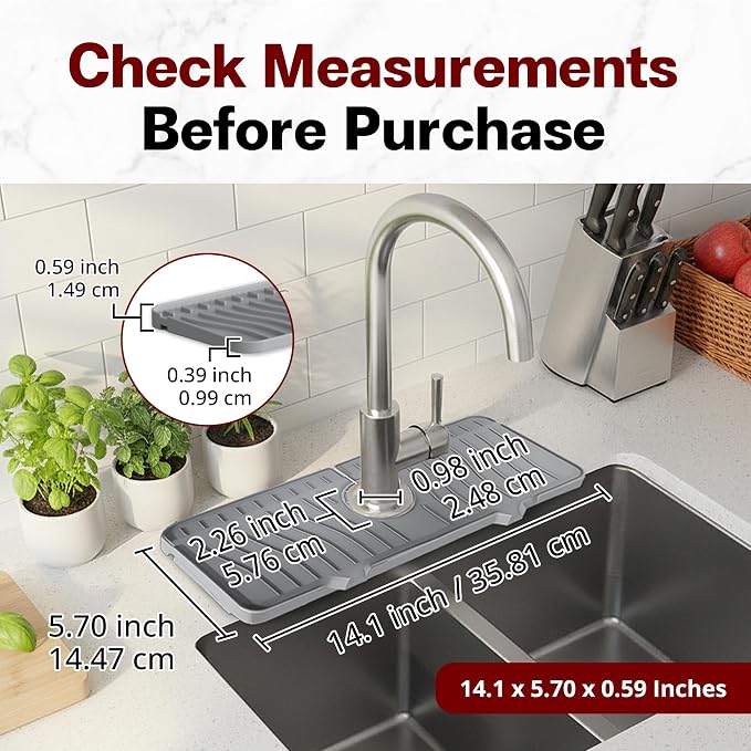 Odrago Silicone Faucet Mat (14"x5.70"x0.59"), Bathroom, Countertop and Kitchen Sink Splash Guard, Anti-Slip Faucet Drip Catcher Tray, 90-Degree Foldable Edge, Sloped Design for Fast Drying, Grey - Image 2
