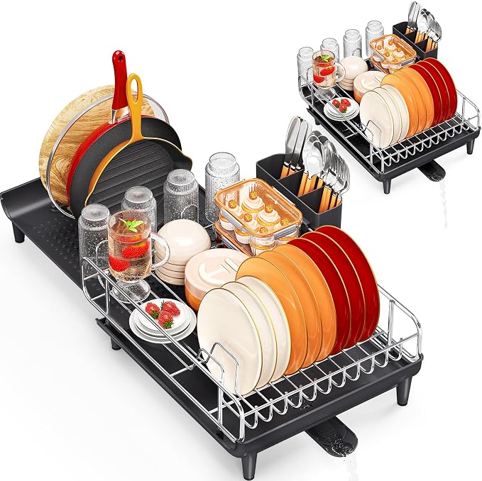 TOOLF Expandable Dish Drying Rack for Kitchen Counter, Black | Collapsible 16.7"-26.8", Stainless Steel Dish Dryer Rack Drainer for RV, Apartment, with Cutlery Holder, Fits for 3-4 People by TOOLF