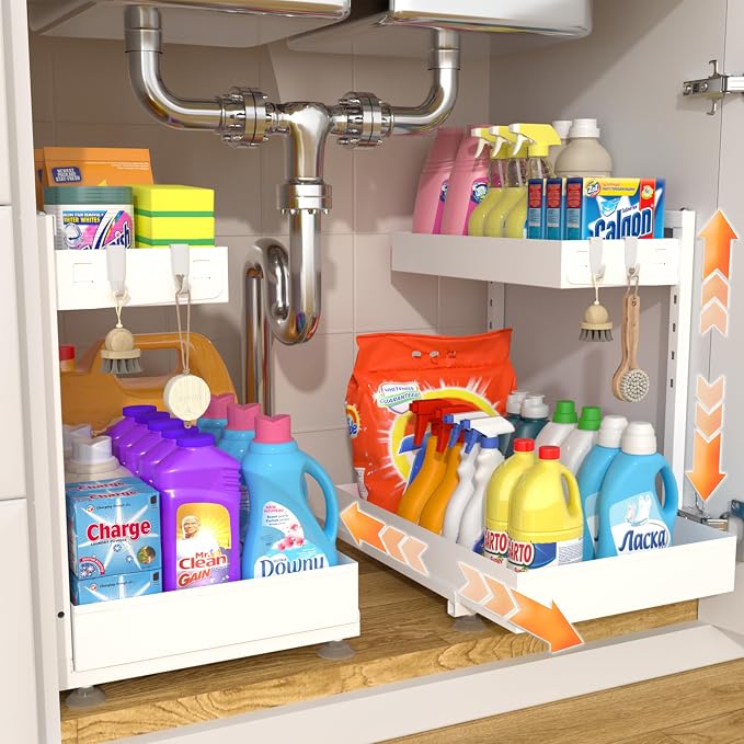 TATAANTY Under Sink Organizer 2 Pack, 2 Tier Metal Under the Sink Storage, Heavy Duty Slide out Pull out Cabinet Organizer, Height Adjustable for Kitchen Bathroom Pantry Closet Organization Rack by TATAANTY