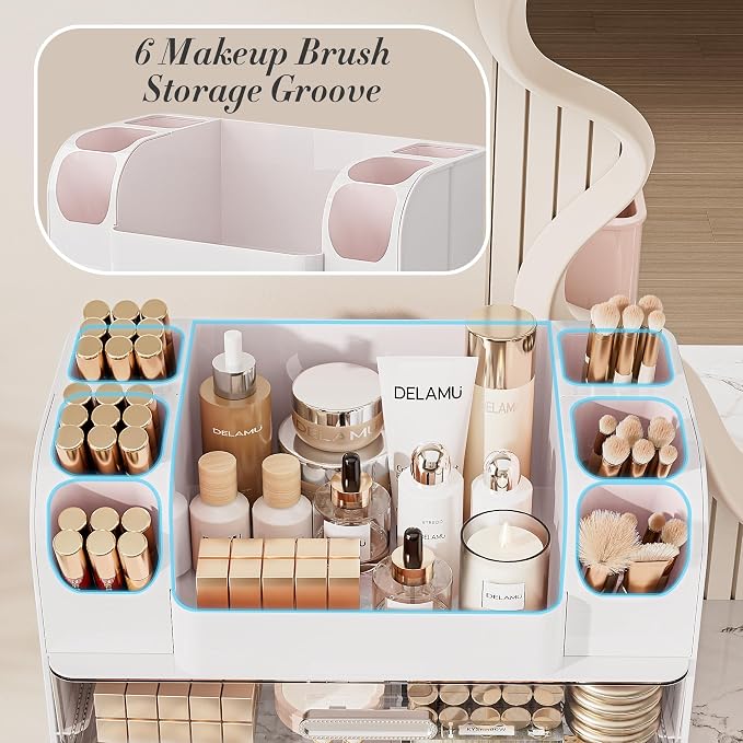 Delamu Large Makeup Organizer Countertop with 6 Brush Holders, White | Vanity Organizer with 2 Drawers, Gift for Women & Girls, Holds Perfume, Skincare, Lipstick, Nail Polish & Hair Accessories - Image 5