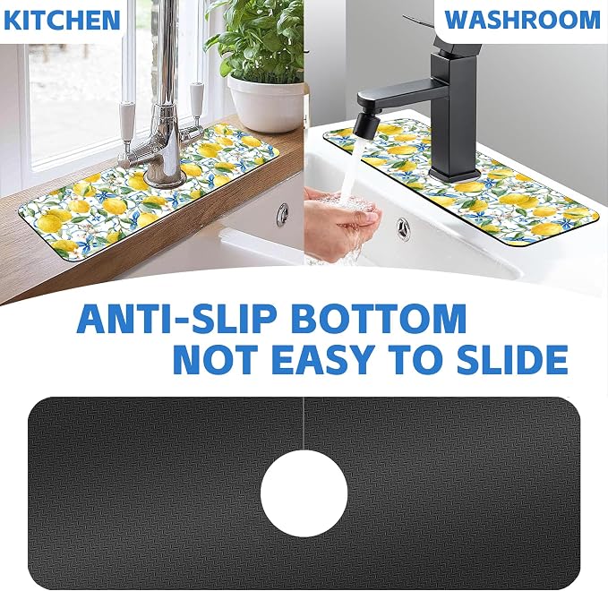 Faucet Mat for Kitchen Sink Watercolor Lemon Blue Geometric Sink Splash Guard Behind Faucet Soft Diatom Mud Material Non-slip Easy to Clean for Bathroom & Kitchen 15"X5.5" - Image 7