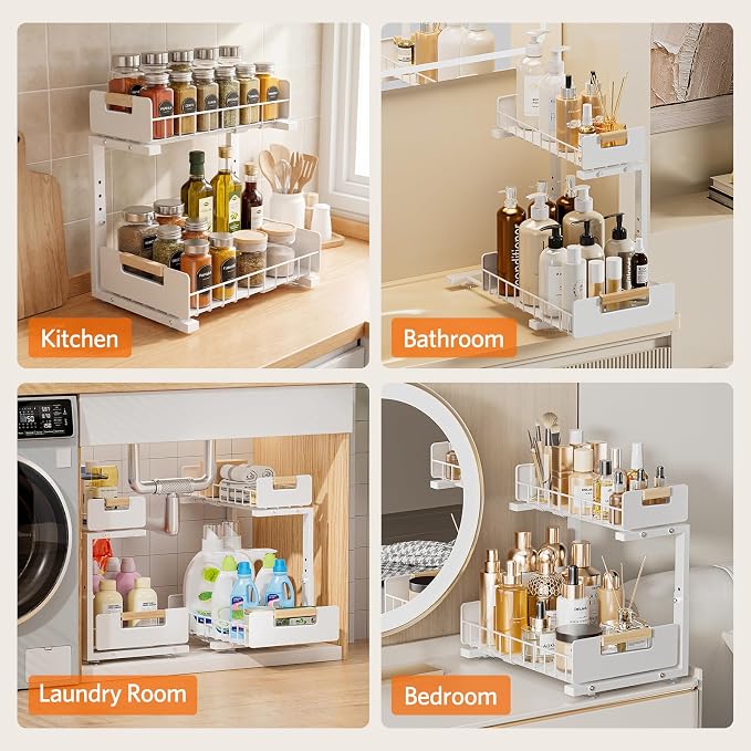 Delamu Under Sink Organizer Kitchen, 2-Tier Pull-Out Cabinet Shelf, 2-Pack | 2-Tier Smooth Slide, 5 Adjustable Heights, Anti-Tip Suction Cups, Sturdy Metal, For Kitchen Bathroom Pantry Laundry, White - Image 9