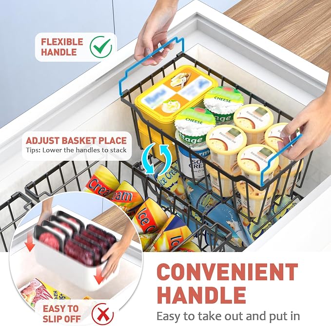Goovilla Freezer Organizer Bins for 5-7 Cu.FT Chest Freezer, 8 Pack Black | Foldable Handle Stackable Freezer Baskets, Coated Metal Freezer Storage Bins with Better Space Utilization, Deep Organization - Image 4