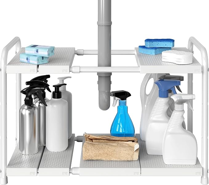 Simple Houseware Under Sink 2-Tier Heavy Duty Expandable Organizer, White | Adjustable Width 15.75–25 Inches with 4 Shelf Height Levels by SimpleHouseware