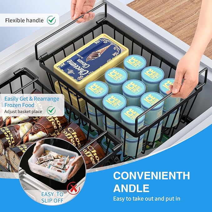 4 Pack Freezer Organizers Bins,Black Stackable Food Baskets | Small Chest Deep Freezer Storage for 5-7 Cu.Ft,Increased Space for Food Storage, Breathable design Easy to Access - Image 6
