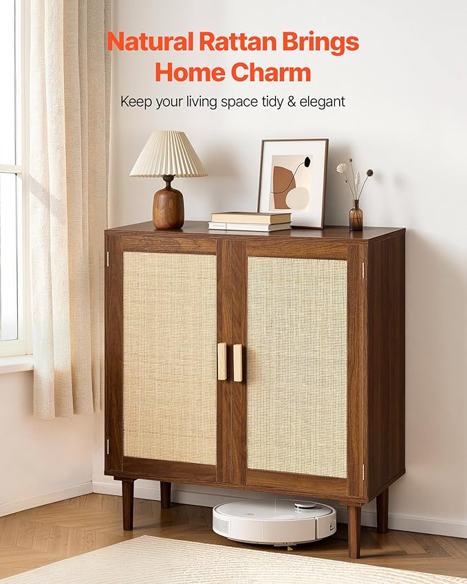 VEVOR Rattan Cabinet, Rattan Storage Cabinet with 2 Magnetic Doors and Adjustable Shelves, Accent Sideboard Buffet with Wooden Legs & Power Cord Hole for Hallway, Entryway, Living Room, Kitchen, Brown - Image 4
