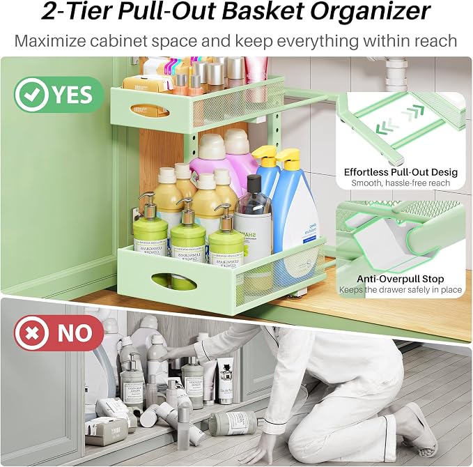 Under Sink Organizer, 1-Pack Pull Out Cabinet Organizer 2 Tier Metal Slide Out Storage Shelf Rack, L-Shaped Adjustable Height,Mesh Sliding Drawer for Kitchen, Bathroom, Laundry, Pantry, Green, XL - Image 4