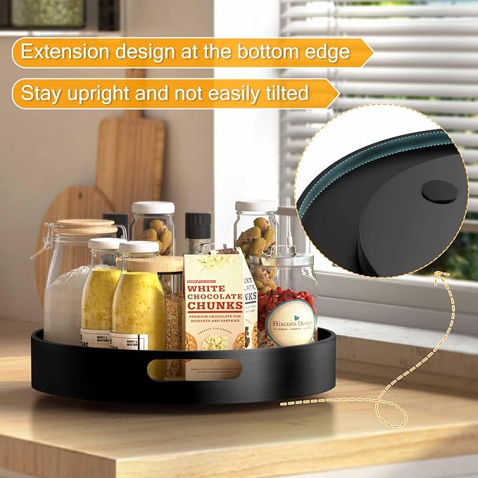 Lazy Susan Organizer Homerays 13 Inch Non-Skid Bamboo Lazy Susan for Kitchen Rotating Spice Rack with Handles, Wood Turntable for Kitchen Cabinet,Countertop (Black, Large) - Image 4
