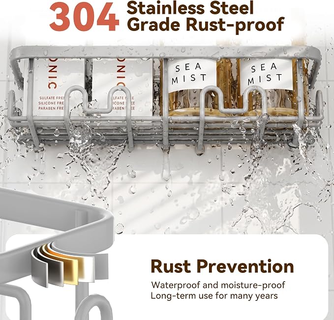 Shower Caddy Adhesive, Rustproof Shower Organizer, Wall Shower Rack | Large Capacity Shower Shelves for Inside Shower, Shampoo Shower Holder, Grey, 3 Caddies, 1 Soap Dish, 1 Toothbrush Holder - Image 5