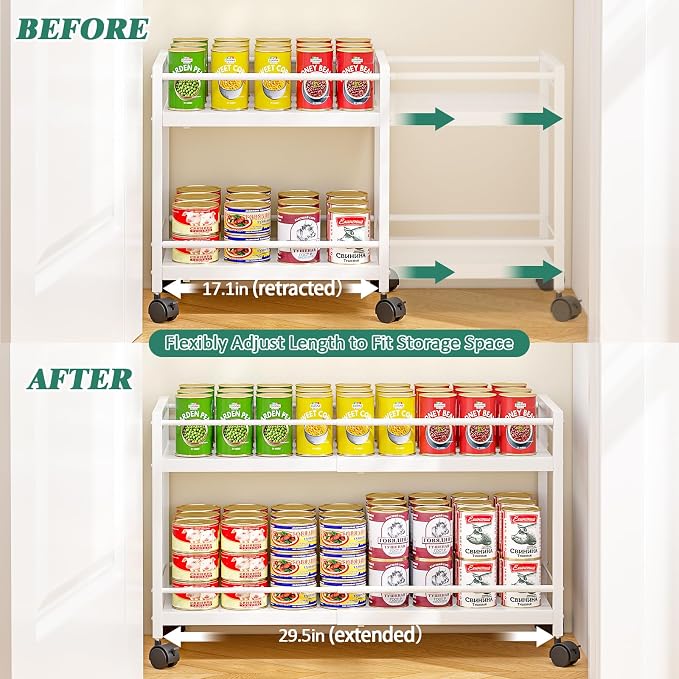 2-Tier Expandable Rolling Pantry Cart with Wheels, Adjustable Floor Organizer for Kitchen Pantry, Can Organizer for Pantry, Storage Cart for Snack, Food, Vegetables, White, Patent Pending - Image 5