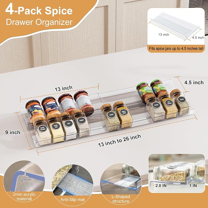 Adjustable Spice Rack Organizer for Drawer 4-Pack | Expandable Seasoning Storage (13" to 26") with Anti-Slip Mat, Acrylic Tiered Spice Tray for Condiment - Image 3