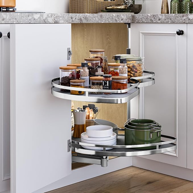 DWVO Corner Cabinet Organizer, 2-Tier Blind Corner Pull Out with 270° Rotating Shelf, Left Swing Tray, Heavy-Duty Iron, Easy-Install Template, 32.7"x17.3"x21.3", Gray - Image 7